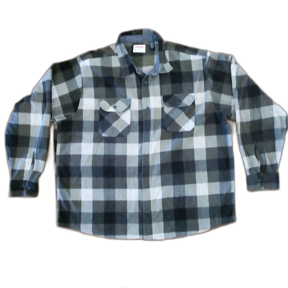 Wrangler Mens Sz 3XL Shirt Gray Black Buffalo Plaid Shacket Fleece Jacket